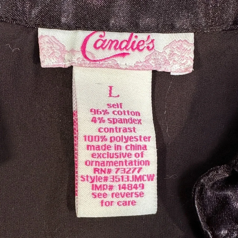 VTG Y2K Brown Fitted Babydoll Blouse‎ Satin Trim Puff Sleeve Coquette Top Sz L
